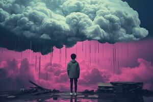 AI generated Young man standing in front of a huge cloud with rain coming out of it, An emo album cover with synthwave elements of someone staring at a TV screen of grey clouds, AI Generated photo