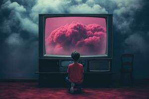 ai generado niño acecho un grande rojo nube en el pantalla de un antiguo televisor, un emo álbum cubrir con sintetizador elementos de alguien curioso a un televisión pantalla de gris nubes, ai generado foto