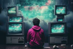 AI generated A young man sitting in front of a lot of old TV screens, watching horror movies, An emo album cover with synthwave elements of someone staring at a TV screen of grey clouds, AI Generated photo