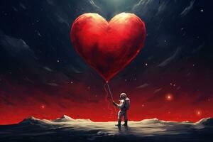 AI generated Man in red heart shaped balloon. Elements of this image are furnished by NASA, An astronaut on the moon holding a big red heart for Valentine's Day, AI Generated photo