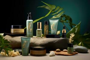 AI generated Spa still life with cosmetic products, green leaves and stones, An eco-friendly cosmetics line that embodies nature's essence, The line, AI Generated photo