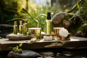 AI generated Cosmetics bottles on stone in the garden. Natural beauty products, An eco-friendly cosmetics line that embodies nature's essence, The line features organic facial, AI Generated photo