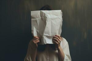 ai generado mujer ocultación su cara detrás estropeado papel en oscuro fondo, un anónimo mujer cubierta su cara con papel, ai generado foto