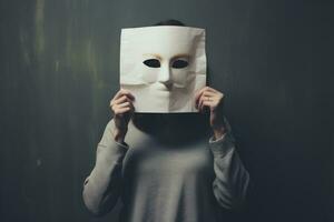 AI generated woman with the mask on her face hiding behind a sheet of paper, An anonymous woman covering her face with paper, AI Generated photo