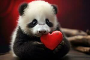 ai generado linda pequeño panda oso con rojo corazón en oscuro fondo, adorable recién nacido panda participación un rojo corazón en San Valentín día, HDR, ai generado foto