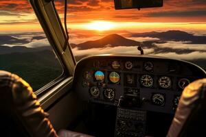 AI generated Helicopter cockpit with view of sunrise and fog in the mountains, Aerial sunset view over the Blue Ridge Mountains from the cockpit of a private aircraft, Sky with clouds, Sky photo