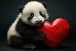 AI generated Cute little panda bear with red heart on black background, Adorable newborn panda holding a red heart on Valentine's Day, HDR, AI Generated photo