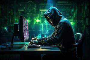 AI generated Hacker in front of a computer screen with cyber attack concept, A faceless hacker attempting to steal cryptocurrency using a computer, AI Generated photo
