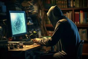 AI generated Hooded hacker stealing information from a computer in a dark room, A faceless hacker attempting to steal cryptocurrency using a computer, AI Generated photo