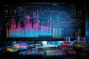 AI generated Abstract glowing forex chart on computer screen. 3D Rendering, A conceptual illustration of Medical Informatics and Health Care Analytics in a close-up shot, AI Generated photo