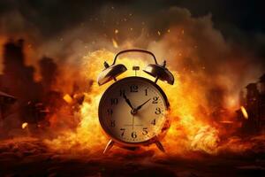 AI generated Alarm clock on fire background. Time management concept. 3D Rendering, A burning alarm clock, Time is running concept, AI Generated photo