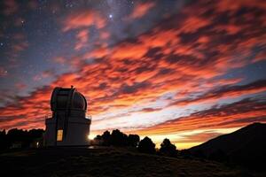 AI generated Telescopes of the Teide Astronomical Observatory, Tenerife, Canary Islands, Spain, A big astronomical telescope under a twilight sky, ready for stargazing, AI Generated photo