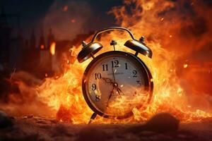 AI generated Alarm clock burning in fire. Conceptual image of time, A burning alarm clock, Time is running concept, AI Generated photo