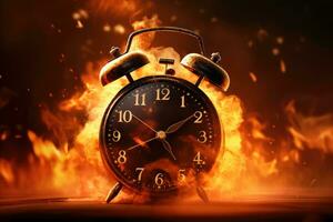 AI generated Alarm clock burning in the fire. Time is money concept, A burning alarm clock, Time is running concept, AI Generated photo