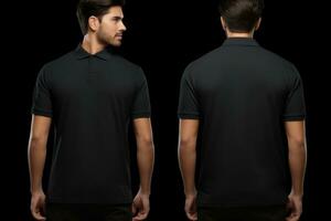 ai generado frente y espalda ver de joven hombre en negro polo camiseta aislado en negro, un masculino modelo vistiendo un sencillo negro polo camisa en un blanco fondo, , con frente y espalda puntos de vista, ai generado foto