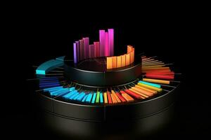 AI generated 3d illustration of pie chart over black background with colourful neon lights, 3D rendering of a pie chart on a black background with business charts and graphs, AI Generated photo