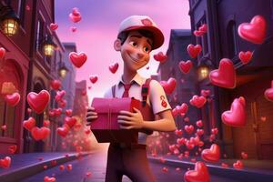 ai generado San Valentín día concepto con 3d ilustración de un chico participación un regalo caja y un rojo corazón, 3d ilustración de un hermoso hombre entregando san valentin, ai generado foto