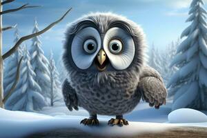 AI generated Owl in winter forest - 3D rendered illustration with a cartoon character, 3D cartoon illustration of a great grey owl in the winter, AI Generated photo