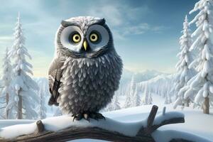 AI generated Owl sitting on a branch in the winter forest. 3d render, 3D cartoon illustration of a great grey owl in the winter, AI Generated photo