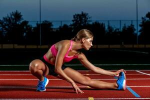 atractivo joven mujer atleta extensión piernas en estadio foto