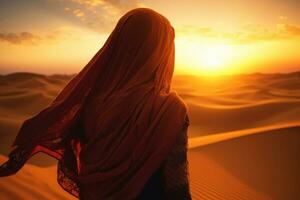 ai generado Arábica mujer en el Desierto con arena dunas a atardecer, árabe mujer en el Desierto a puesta de sol viaje concepción, ai generado foto