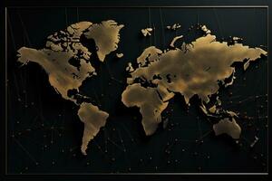 AI generated Map of the world on a black background with gold elements. Vector illustration, Abstract mash line and point scales on a black background with a world map, AI Generated photo