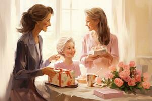 AI generated Happy mother and her daughter opening a gift box. Mother's Day, Affectionate daughters surprising mother with Mothers Day lunch and gifts, AI Generated photo