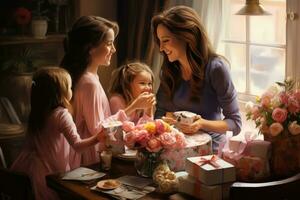 AI generated Mothers day. Mother and daughters are sitting at the table and smiling, Affectionate daughters surprising mother with Mothers Day lunch and gifts, AI Generated photo