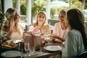 AI generated Beautiful women are talking and smiling while spending time together in cafe, Affectionate daughters surprising mother with Mothers Day lunch and gifts, AI Generated photo