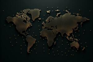 AI generated Map of the world made of gold on black background. 3d rendering, Abstract mash line and point scales on a black background with a world map, AI Generated photo