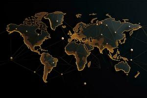 AI generated 3d render of world map with gold lines on dark background, Abstract mash line and point scales on a black background with a world map, AI Generated photo