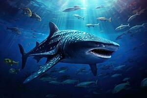 AI generated Whale shark swimming in blue ocean. Underwater world. 3d rendering, Whale shark and school of sharks in a deep blue ocean, AI Generated photo