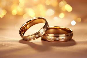 AI generated wedding rings on a background of the golden bokeh, wedding rings, wedding invitation background, AI Generated photo