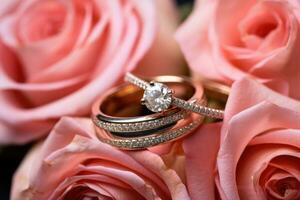 AI generated wedding rings on pink roses close-up, shallow dof, wedding rings on top of pink rose, AI Generated photo