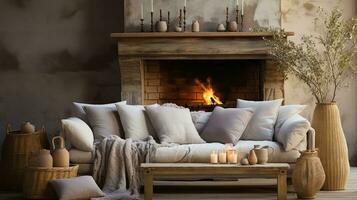 AI generated Contemporary living room with fireplace, white couch, coffee table, rug, and large windows. The white couch is inviting, and the coffee table is the perfect place to set down your drink photo