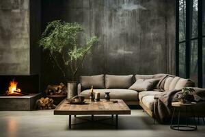 AI generated The room is decorated with a gray sectional sofa, a wooden coffee table, and a bookshelf. The windows offer a view of the autumn foliage outside. photo