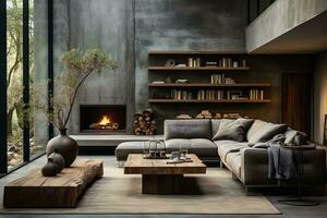 AI generated a modern living room with a cozy fireplace, comfortable sofa, and beautiful outdoor view. The room is decorated with a minimalist style, natural materials, and neutral colors. photo