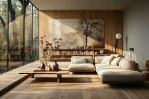 AI generated Spacious living room with a large couch, coffee table, and painting of a tree on the wall. The living room has a lot of natural light coming in from the windows. photo
