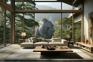 AI generated Airy and minimalist living room with a white couch, coffee table, and rug, nestled in front of a large window with breathtaking mountain views. The room is decorated with clean lines photo