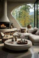 AI generated The room is furnished with a white sectional sofa, a wooden coffee table, and a wooden side table. The floor is made of light wood and the walls are white. photo