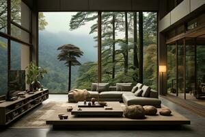 AI generated Stunning modern living room with a large window showcasing a lush forest view, furnished with a sleek black couch and coffee table. The neutral color palette and minimalist decor photo