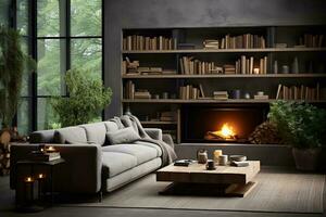 AI generated Spacious mid-century modern living room with fireplace, leather couch, wood coffee table, rug, and abstract artwork. The fireplace is the focal point of the room, and the leather couch photo