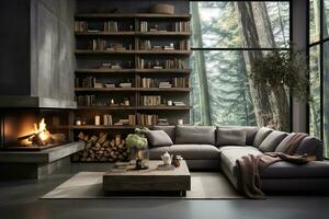 AI generated Warmly inviting living room with fireplace, plush couch, coffee table, ottoman, and bookshelves. The fireplace is the focal point of the room, and the couch is perfectly photo