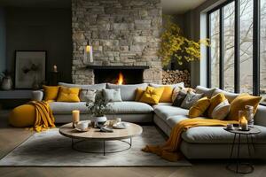 AI generated Spacious modern living room with a fireplace, couch, TV, and large windows. The living room has a lot of natural light coming in from the windows. The couch is upholstered in a soft, photo
