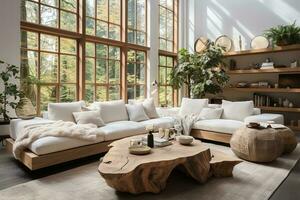 AI generated Tranquil living room with white couch, coffee table, indoor plants, and large windows. The couch is inviting, and the coffee table is the perfect place to set down your drink or book. photo
