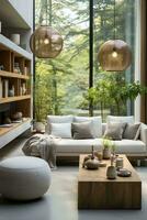 AI generated a modern living room with a white sofa, wooden coffee table, and large windows overlooking a forest. The room is decorated with plants and has unique woven light photo
