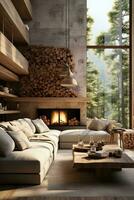 AI generated Warm and inviting rustic living room with an exposed brick wall, stone fireplace, and leather couch, creating a cozy and relaxing space to unwind. The natural materials and earthy tones photo