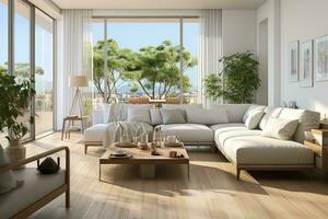 AI generated a modern living room with a stunning view of nature. The room is furnished with a white sectional sofa, a wooden coffee table, and a wooden side table. The floor is made of light wood photo