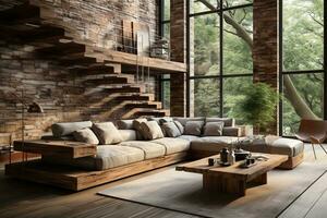 AI generated Bright and airy living room with a brown leather couch, wooden coffee table, and stairs leading to a second floor. The living room has a lot of natural light coming in from the windows. photo