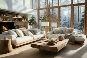 AI generated Sleek and stylish minimalist living room with white couch, coffee table, rug, and plants. The couch is inviting, and the coffee table is the perfect place to set down your drink or book. photo